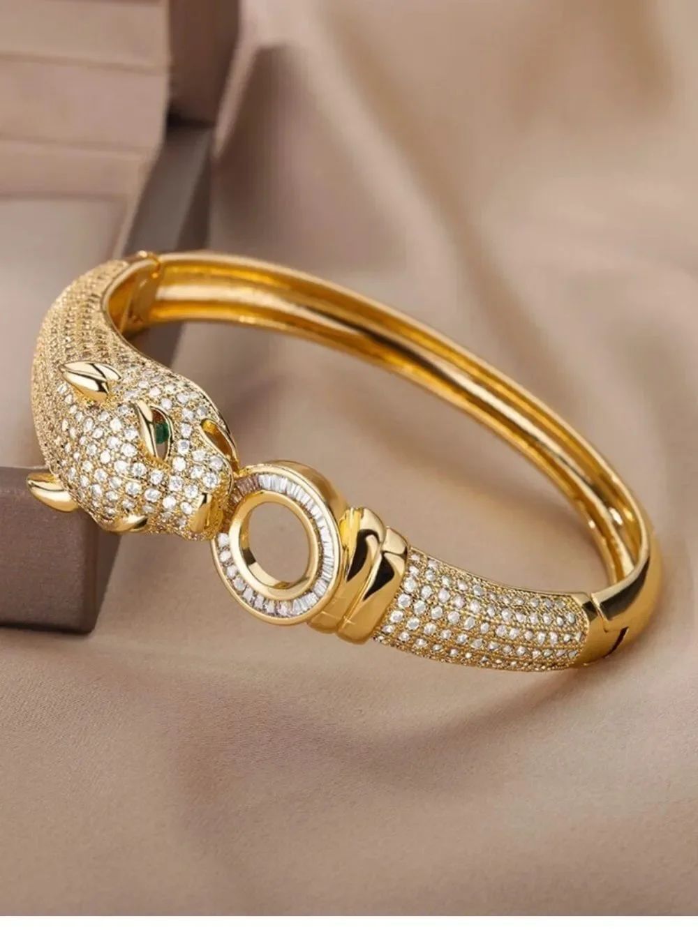 Gold Panthere Pave Crystal Bangle Bracelet